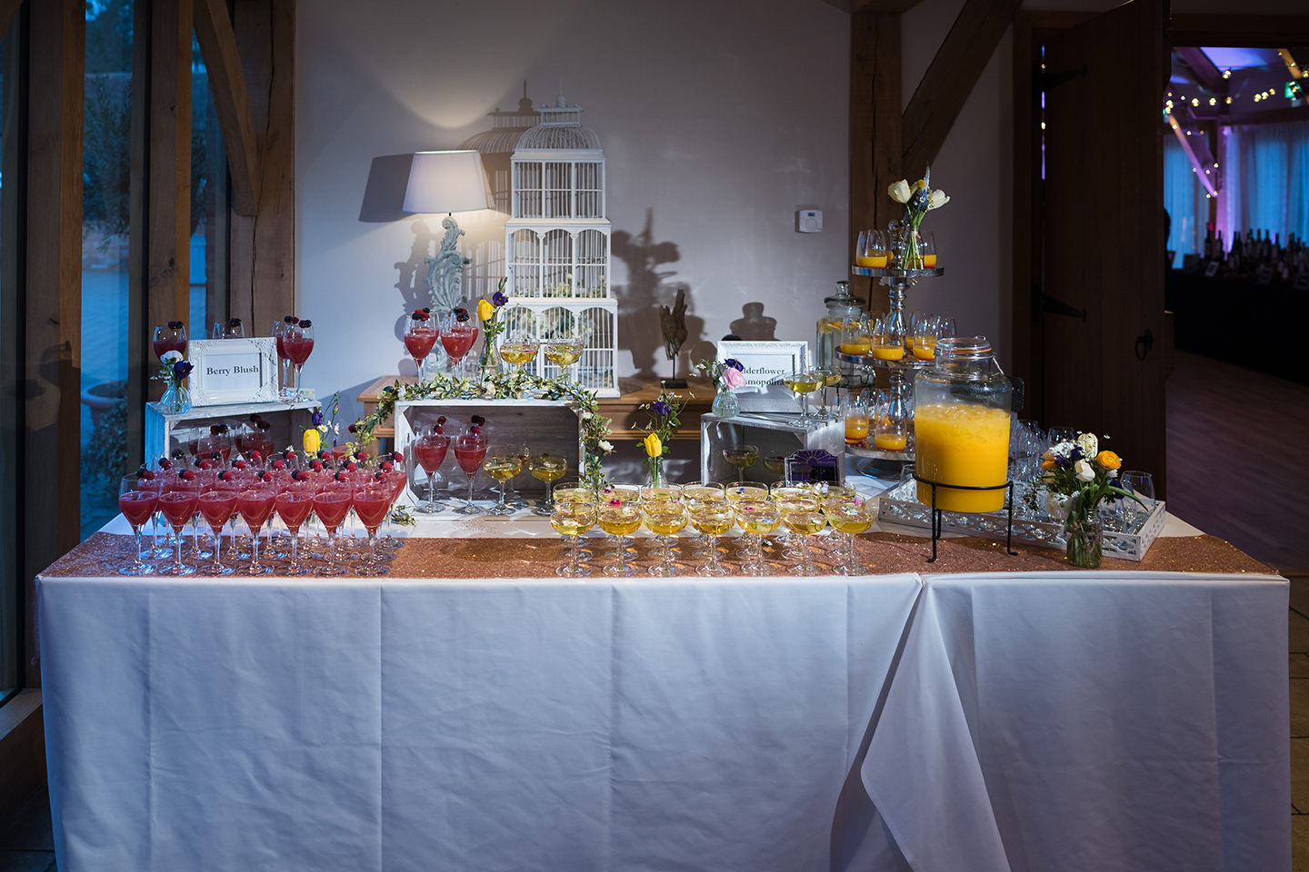 A wedding drinks station is ready for the Bassmead Manor Barns wedding tasting event